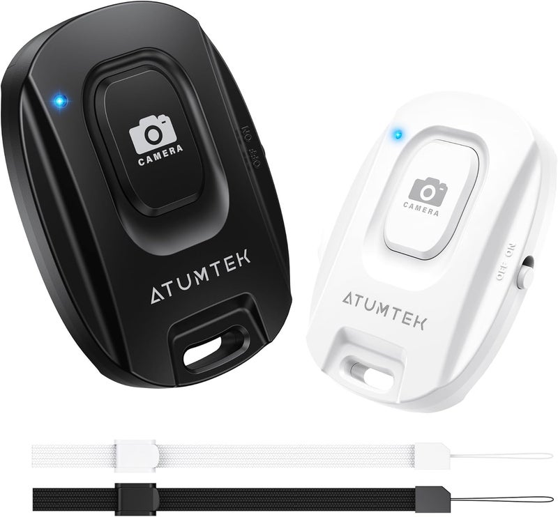 ATUMTEK Camera Remote Shutter for iPhone and Android Smartphones (2 Pack), Wireless Phone Remote Control Selfie Button for Photos and Videos (Bluetooth 5.2), Wrist Strap Included, Black & White - Image 1